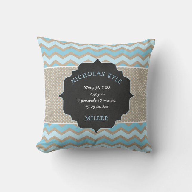 Rustic Blue baby boy birth stats keepsake pillow (Front)