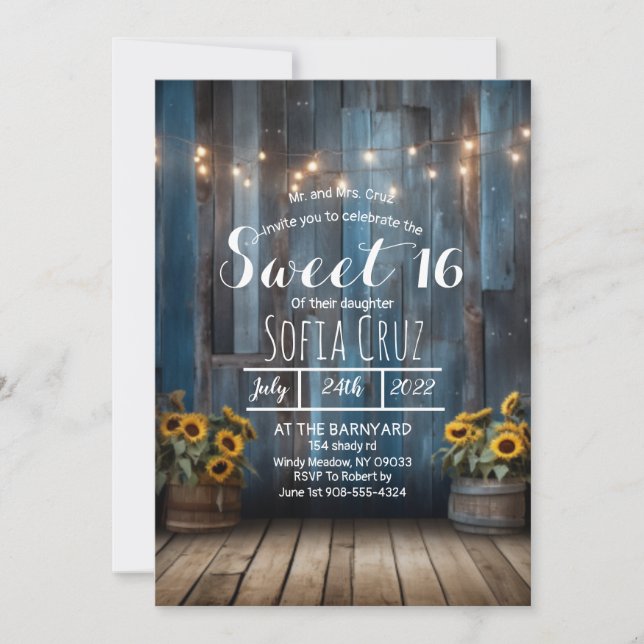 Rustic Blue Barn Sunflower Sweet 16 Invitation (Front)