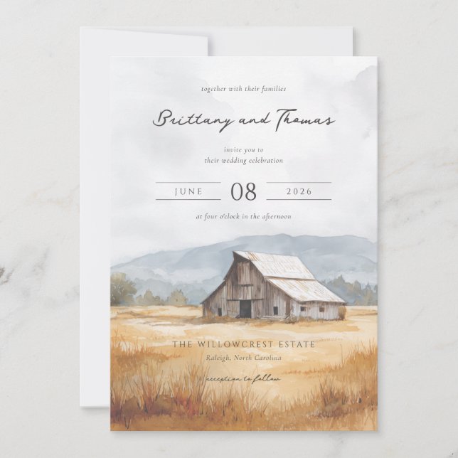 Rustic Blue Barn Watercolor Invitation (Front)