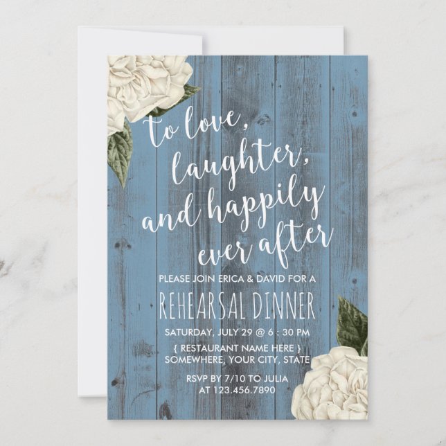 Rustic Blue Barn White Floral Rehearsal Dinner Invitation (Front)