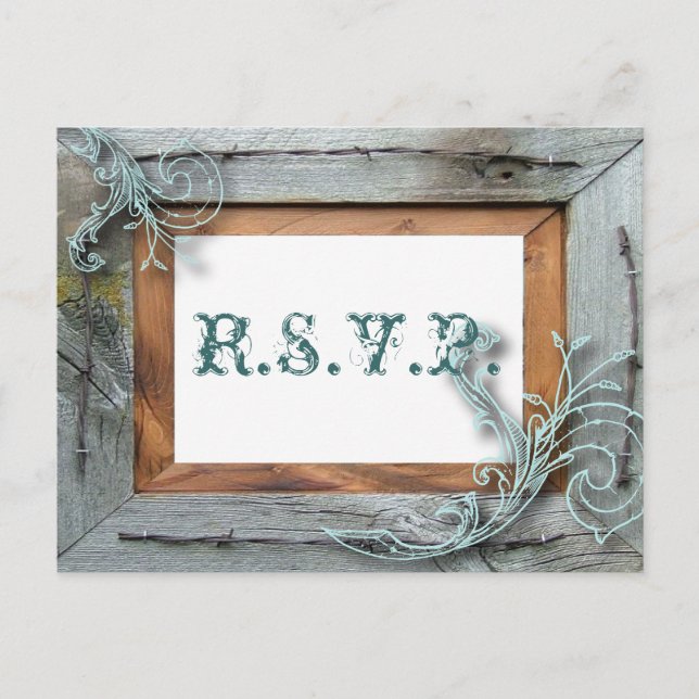 rustic blue barn wood Country Wedding RSVP Invitation Postcard (Front)