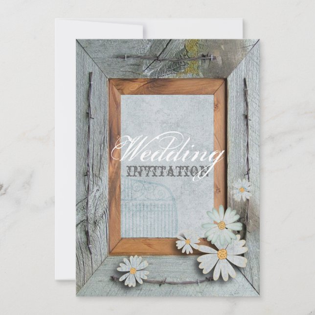 rustic blue barn wood daisy country wedding invitation (Front)