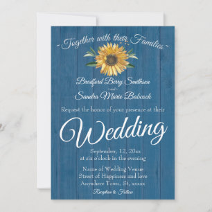 Rustic Blue Barn Wood, Golden Sunflower wedding  Invitation