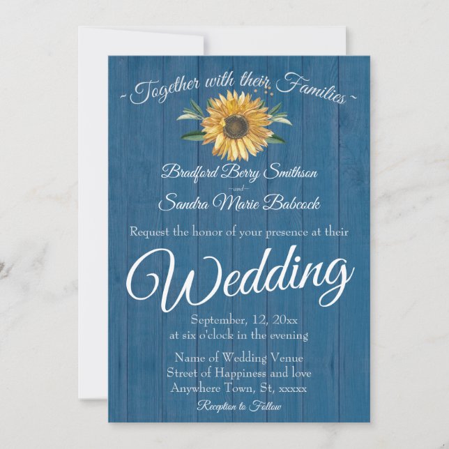 Rustic Blue Barn Wood, Golden Sunflower wedding  Invitation (Front)