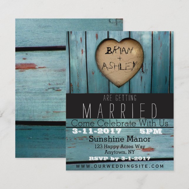 Rustic Blue Barn Wood Heart Wedding Invitation (Front/Back)
