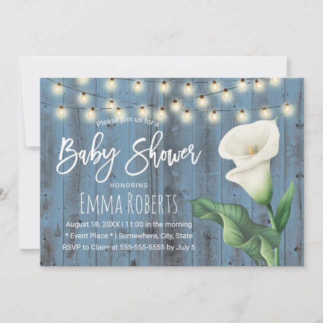 Rustic Blue Barn Wood Lily Floral Baby Shower Invitation (Front)