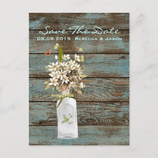 rustic blue barn wood wildflower country wedding announcement postcard (Front)