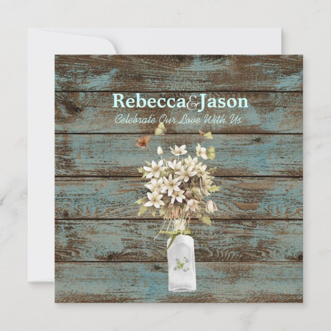 rustic blue barn wood wildflower country wedding invitation (Front)