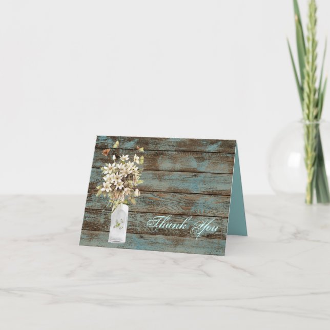 rustic blue barn wood wildflower country wedding thank you card (Front)