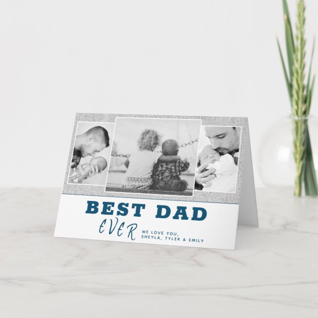 Rustic Blue Best Dad Father`s Day 3 Photo Collage Card (Front)