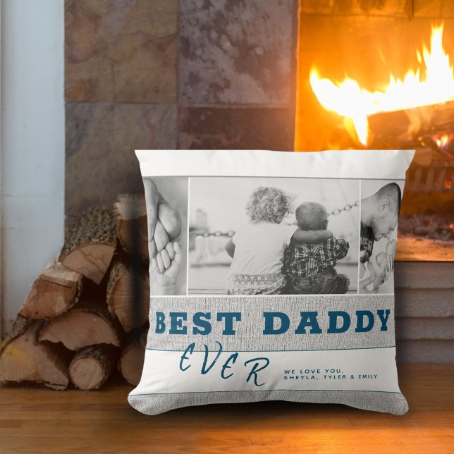 Rustic Blue Best Daddy Father`s Day Photo Collage Cushion (Creator Uploaded)