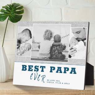 Rustic Blue Best Papa Father`s Day 3 Photo Collage Plaque