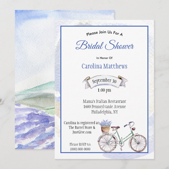 Rustic Blue Bicycle Lavender Floral Bridal Shower Invitation (Front/Back)
