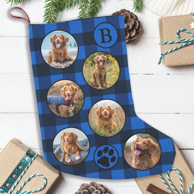 Rustic Blue Black Plaid Fun Pet Photo Collage  Small Christmas Stocking (Creator Uploaded)