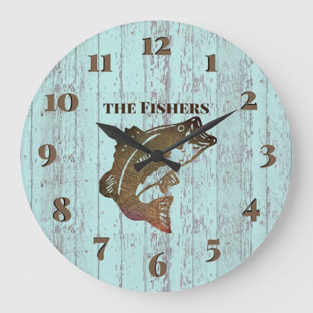 Rustic Blue Board Fishing Cabin Large Clock (Front)