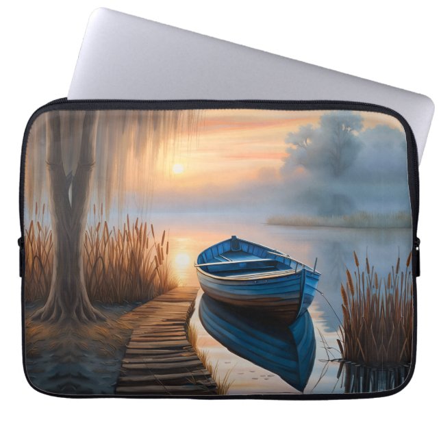 Rustic blue boat Morning Sky Reflection Laptop Sleeve (Front)