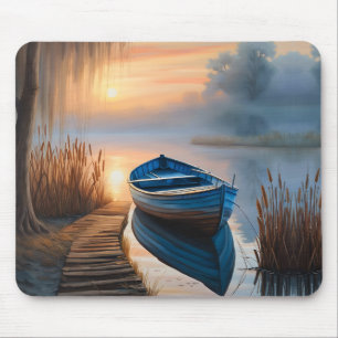 Rustic blue boat Morning Sky Reflection Mouse Mat