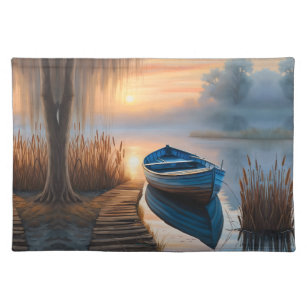 Rustic blue boat Morning Sky Reflection Placemat