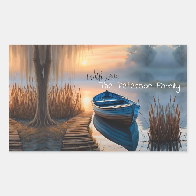 Rustic blue boat Morning Sky Reflection Rectangular Sticker (Front)