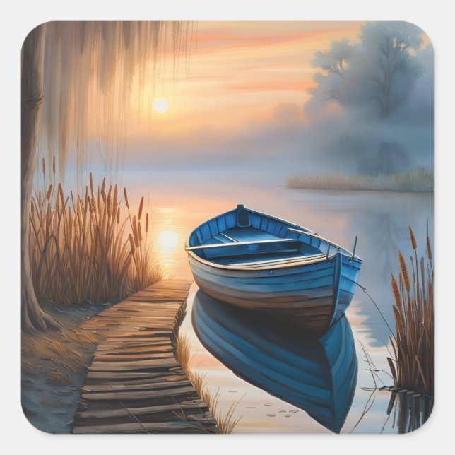 Rustic blue boat Morning Sky Reflection Square Sticker (Front)