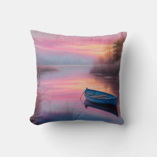 Rustic blue boat pink skies reflection cushion