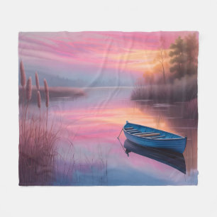 Rustic blue boat pink skies reflection fleece blanket
