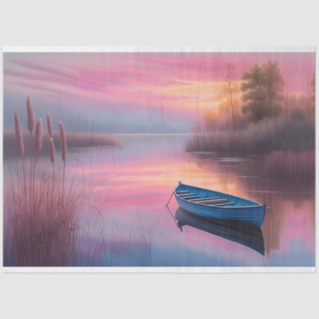 rustic blue boat pink skies reflection tissue paper (Front)