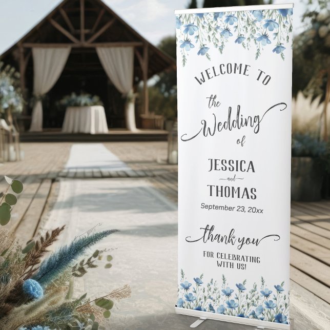 Rustic Blue Boho Chic Wildflowers Wedding Welcome Retractable Banner (Creator Uploaded)
