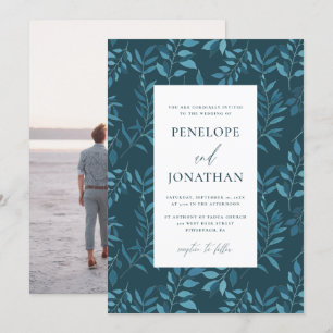Rustic Blue Botanical Wedding Photo Invitation