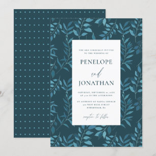 Rustic Blue Botanical with Dots Wedding Invitation
