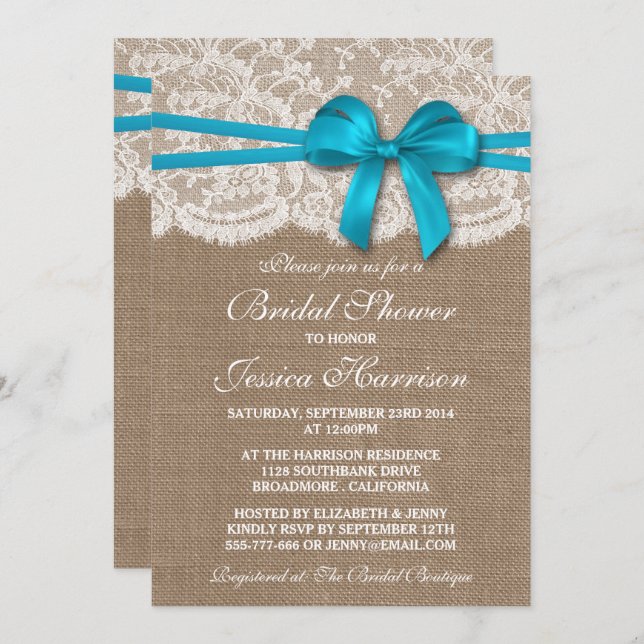 Rustic Blue Bow, Burlap & Lace Bridal Shower Invitation (Front/Back)