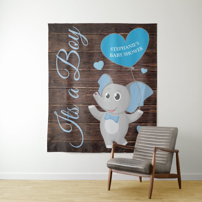 Rustic Blue Boy Elephant Baby Shower Backdrop Tapestry (In Situ)