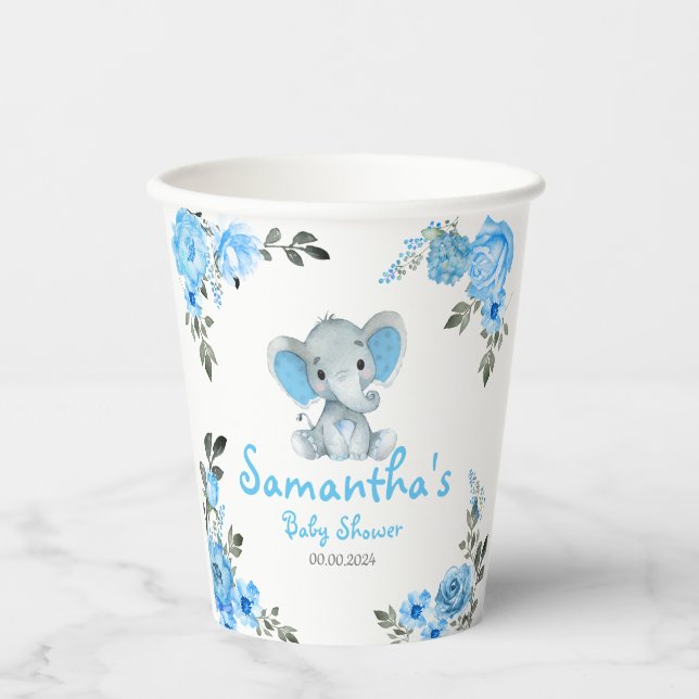 Rustic Blue Boy Elephant Table Decor Baby Shower Paper Cups (Front)