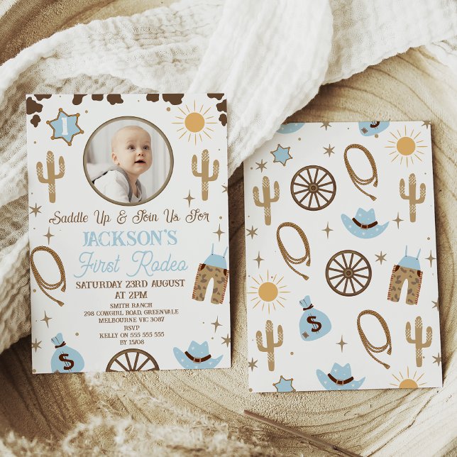 Rustic Blue Brown Boys First Rodeo 1st Birthday  Invitation (Boys First Rodeo Birthday Invitations, Rustic Cowboy 1st Birthday Invite, Wild West, Western)