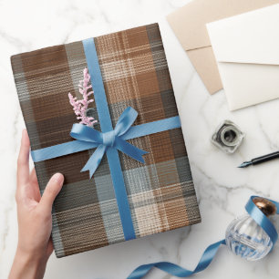 Rustic Blue Brown Denim Check Faded Plaid Pattern Wrapping Paper