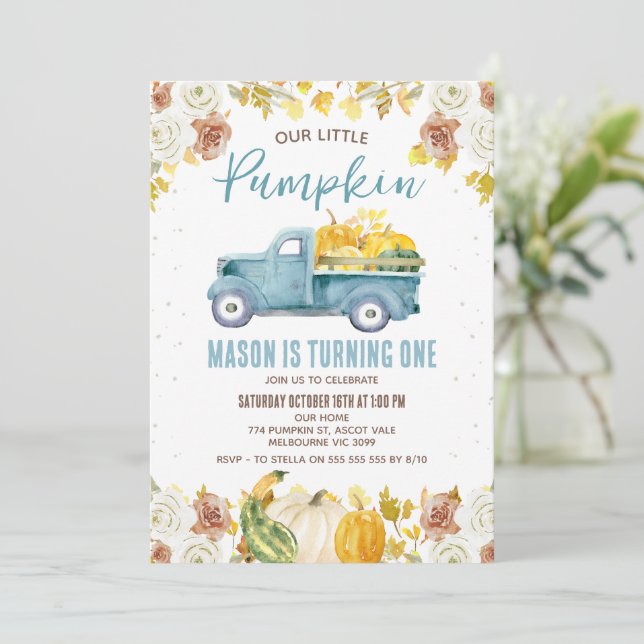 Rustic Blue Brown Fall Pumpkin Truck 1st Birthday Invitation (Standing Front)