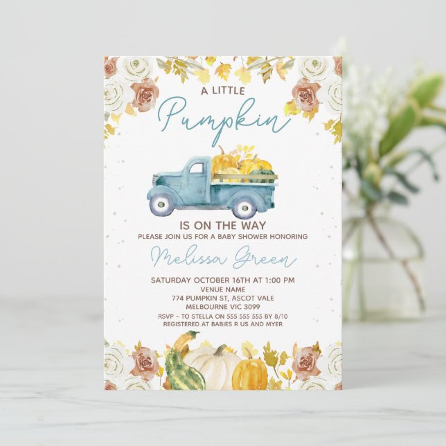 Rustic Blue Brown Fall Pumpkin Truck Baby Shower Invitation (Standing Front)