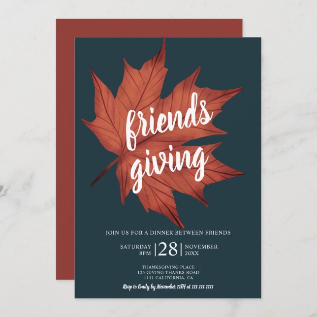 Rustic blue brown maple leaf thanksgiving invitation (Front/Back)