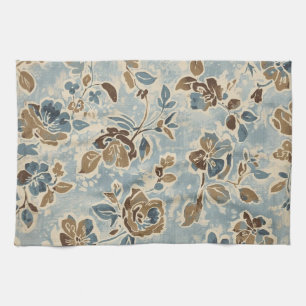 Rustic Blue Brown Tan Floral Tea Towel
