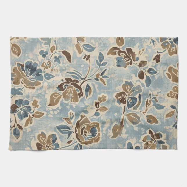 Rustic Blue Brown Tan Floral Tea Towel (Horizontal)