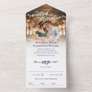 Rustic Blue Brush Script Photo Wedding All In One Invitation