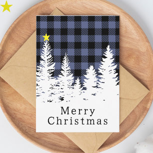 Rustic Blue Buffalo Plaid Forest Merry Christmas Card