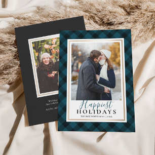 Rustic Blue Buffalo Plaid Happiest Holidays Photo Holiday Card