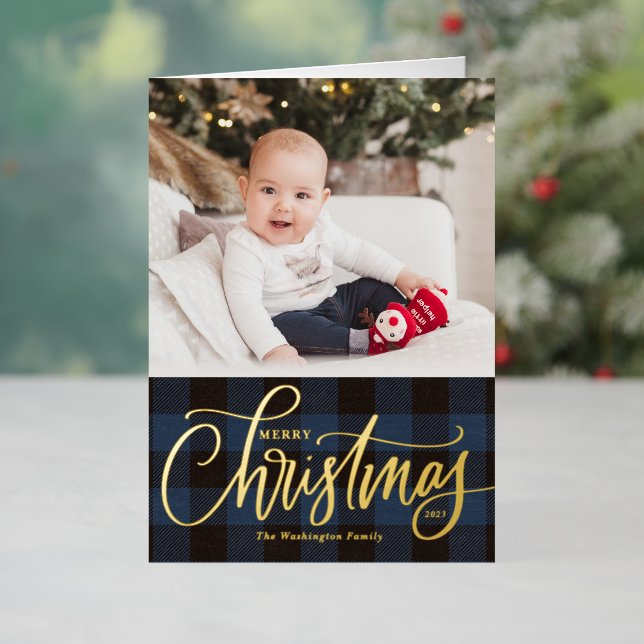 Rustic Blue Buffalo Plaid Merry Christmas Photo Foil Holiday Card (Holiday In Situ)