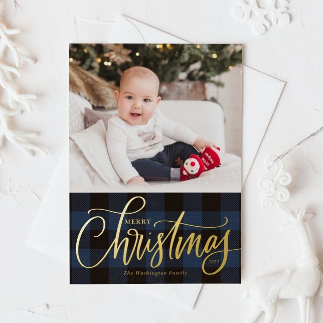 Rustic Blue Buffalo Plaid Merry Christmas Photo Foil Holiday Card (Rustic Blue Buffalo Plaid Pattern Merry Christmas Photo Foil Holiday Card)