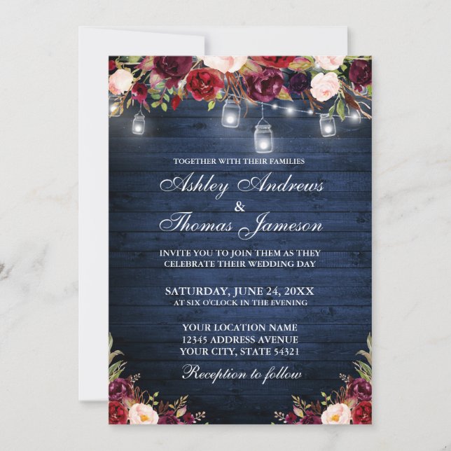 Rustic Blue Burgundy Floral Jar Lights Wedding Invitation (Front)