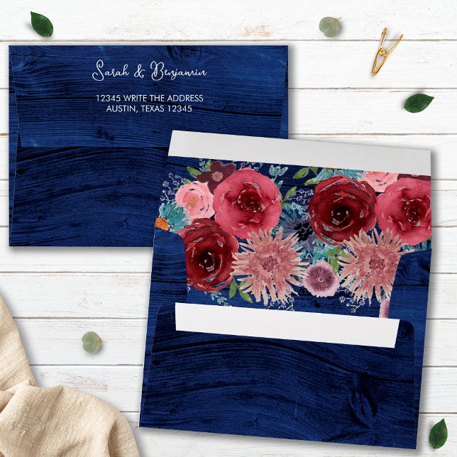 Rustic Blue Burgundy Watercolor Floral Wedding  Envelope (Creator Uploaded)
