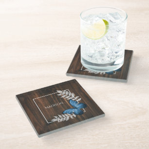 Rustic Blue Butterfly Personalised Glass Coaster