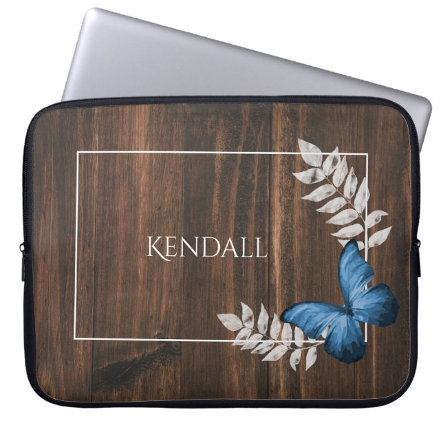 Rustic Blue Butterfly Personalised Laptop Sleeve (Front)