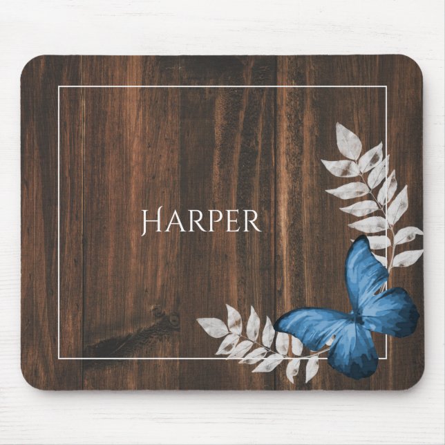 Rustic Blue Butterfly Personalised Mouse Pad (Front)